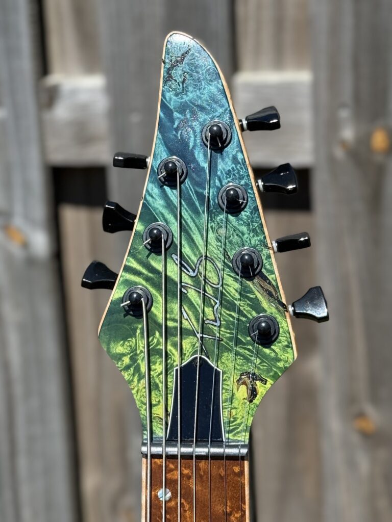 T.W. Smith Apex 7 seven-string guitar with blue-green burl top