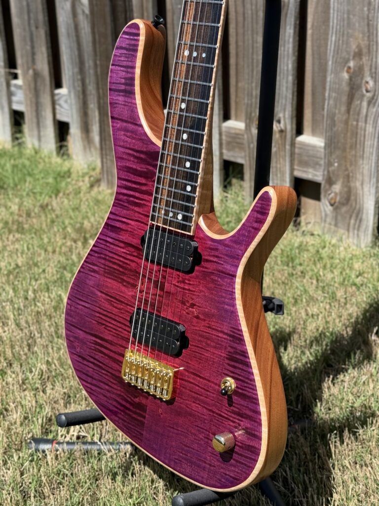 T.W. Smith Gordon 7 seven-string guitar with purple-red flame top