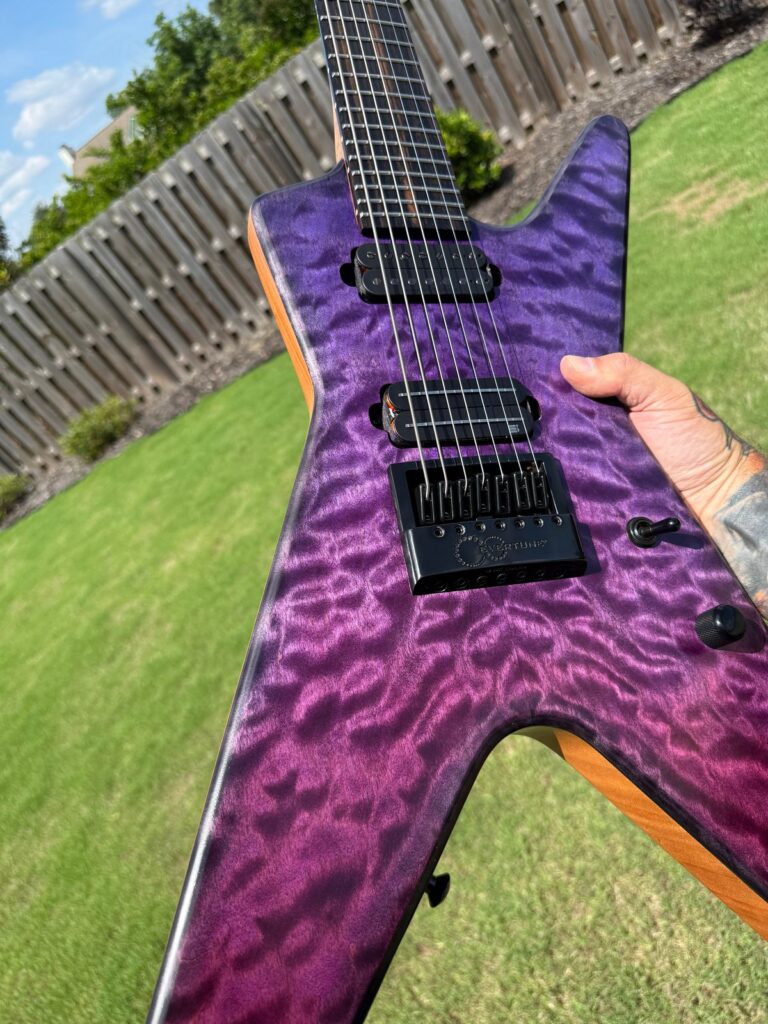 Purple quilt maple top detail on a T.W. Smith TK 7 guitar