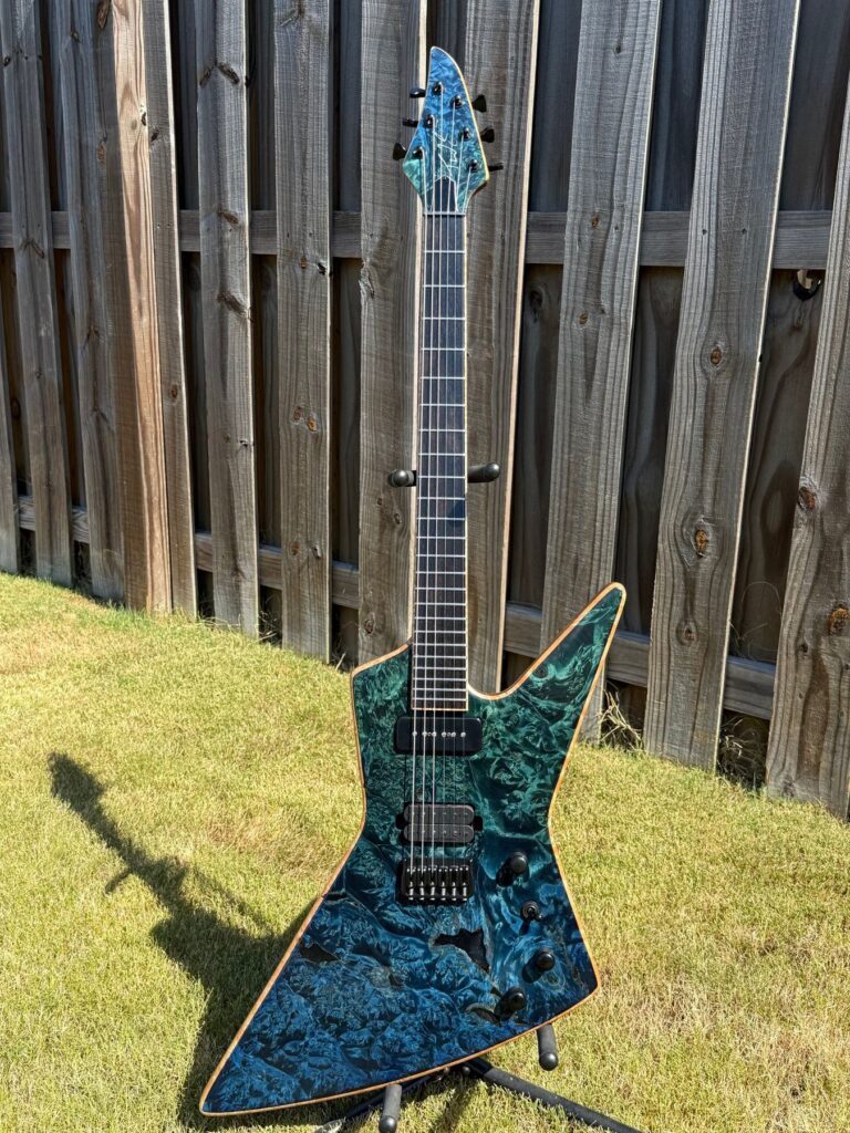T.W. Smith Challenger 6 custom guitar with blue-green burl top