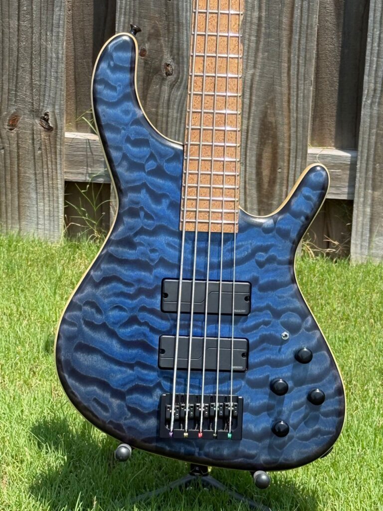 T.W. Smith Gordon 5-string bass with blue quilted maple top