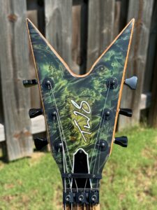 T.W. Smith TK 6 custom guitar, green maple burl top — headstock front