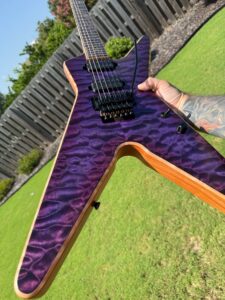 T.W. Smith TK 6 custom guitar, purple quilted maple top — body detail