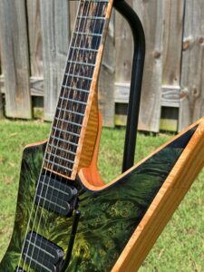 T.W. Smith TK 6 custom guitar, green maple burl top — angled front
