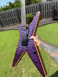 T.W. Smith TK 6 custom guitar, purple quilted maple top — angled front