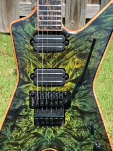 T.W. Smith TK 6 custom guitar, green maple burl top — bridge and controls