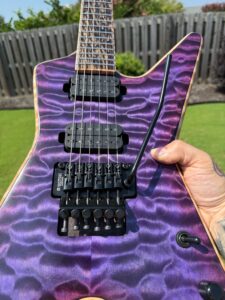 T.W. Smith TK 6 custom guitar, purple quilted maple top — bridge and controls