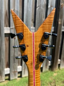 T.W. Smith TK 6 custom guitar, green maple burl top — back of headstock
