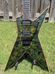 T.W. Smith TK 6 custom guitar, green maple burl top — body detail