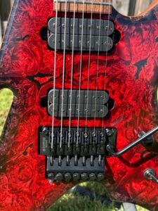 T.W. Smith Vulture 7 red burl custom guitar — pickups and bridge detail