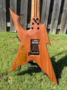 T.W. Smith Vulture 7 red burl custom guitar — full back view