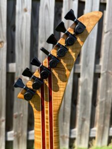T.W. Smith Vulture 7 red burl custom guitar — rear headstock and tuner detail